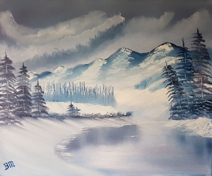 Schilderij getiteld "Snowy-landscape" door Bettie Melieste, Origineel Kunstwerk, Olie