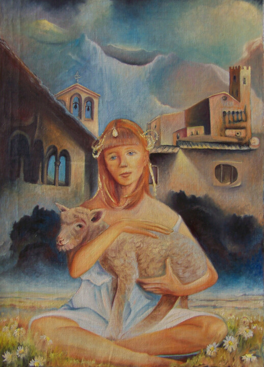 Painting titled ""Dziewczyna z baran…" by Waldemar/"Waldzior" Tłuczek, Original Artwork, Oil Mounted on Wood Stretcher frame