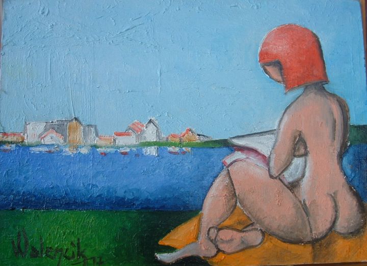Картина под названием "la-liseuse-au-bord-…" - Marc Walencik, Подлинное произведение искусства, Масло
