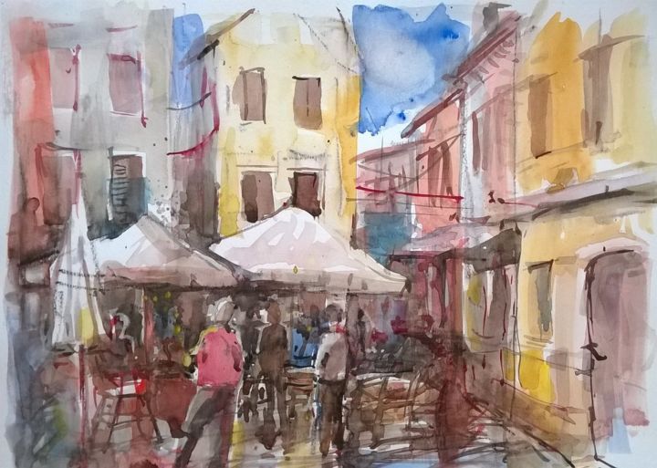 Pintura titulada "Marketplace somewhe…" por Watercolorist Lorand Sipos, Obra de arte original, Acuarela