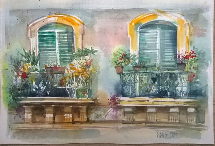 Pintura titulada "Mediterranean windo…" por Watercolorist Lorand Sipos, Obra de arte original, Acuarela