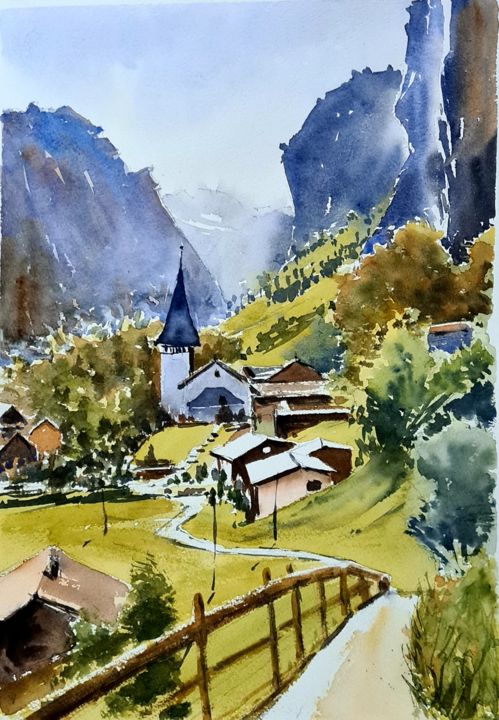 Ζωγραφική με τίτλο "Swiss village under…" από Watervrush, Αυθεντικά έργα τέχνης, Ακουαρέλα