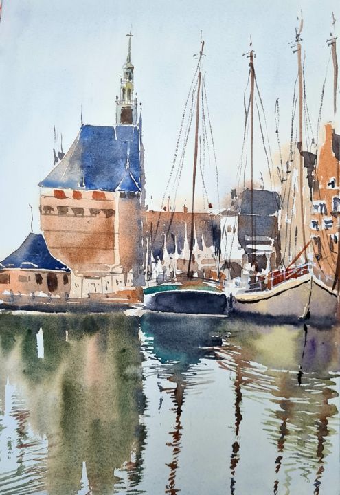 Pintura titulada "Dutch water vessels…" por Watervrush, Obra de arte original, Acuarela