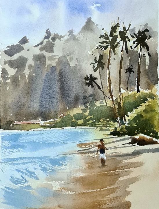 Ζωγραφική με τίτλο "Calm beach, Hawaii" από Watervrush, Αυθεντικά έργα τέχνης, Ακουαρέλα