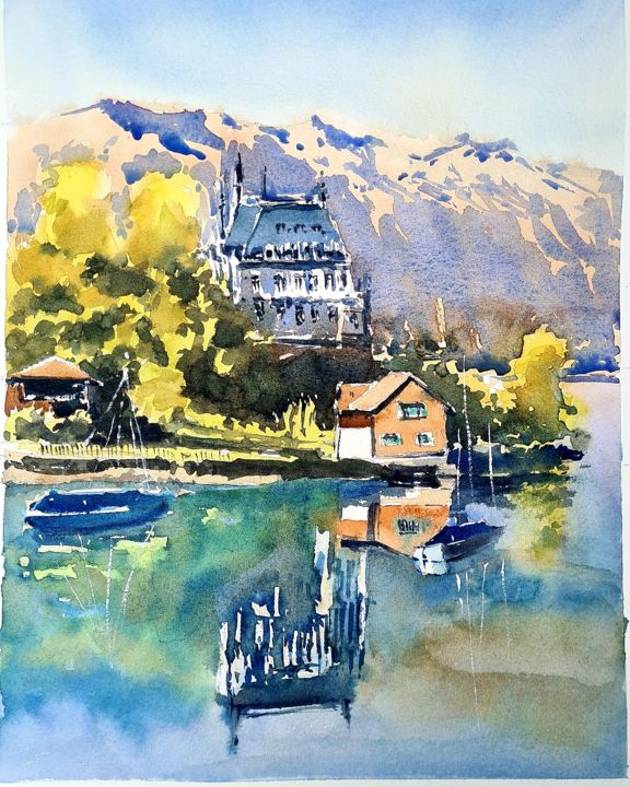 Ζωγραφική με τίτλο "Swiss castle with t…" από Watervrush, Αυθεντικά έργα τέχνης, Ακουαρέλα