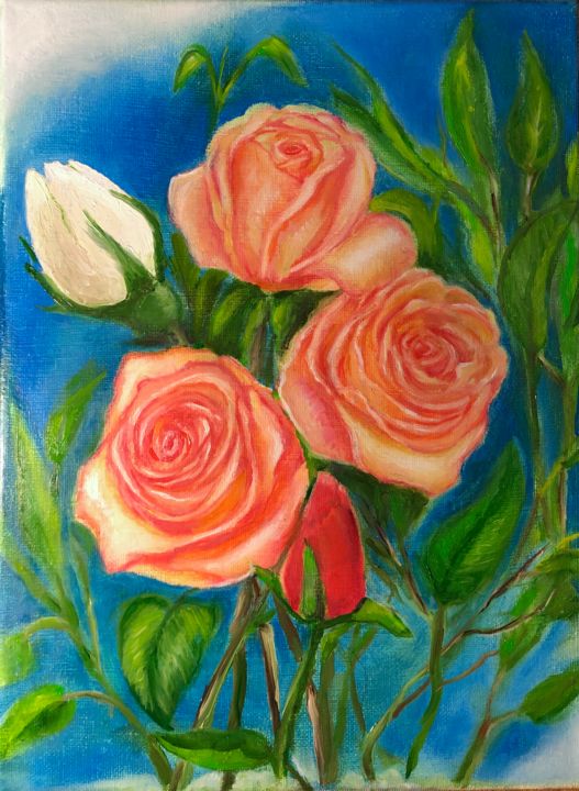 Painting titled "Bouquet  with white…" by Valery, Original Artwork, Oil
