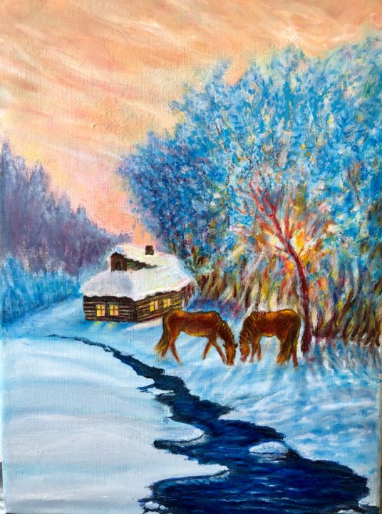 Painting titled "Winter mood" by Valery, Original Artwork, Oil