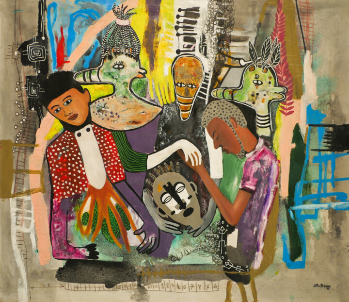 Картина под названием "Le baiser" - William Bakaimo, Подлинное произведение искусства, Акрил Установлен на Деревянная рама д…