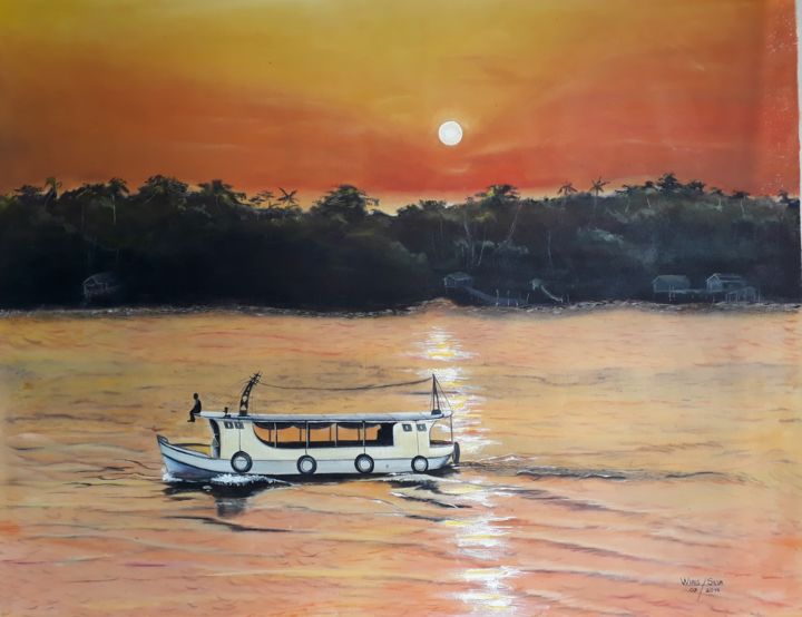 Painting titled "Por do sol marajoara" by Wiris Silva Dos Santos, Original Artwork, Oil