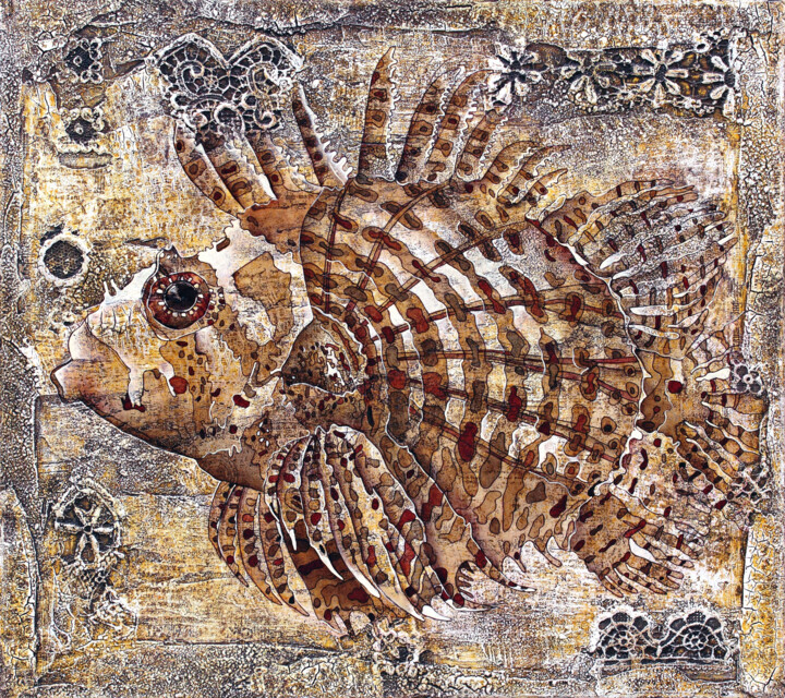 Ζωγραφική με τίτλο "Fish, Composition 2…" από Wlad Safronow, Αυθεντικά έργα τέχνης, Λάδι Τοποθετήθηκε στο Ξύλινο φορείο σκελ…