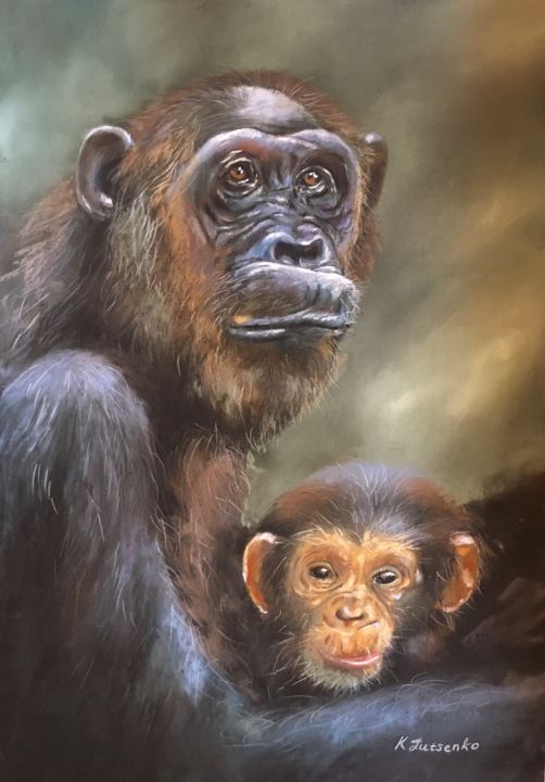 Dibujo titulada "Chimpanzees in the…" por Ksenia Lutsenko, Obra de arte original, Pastel