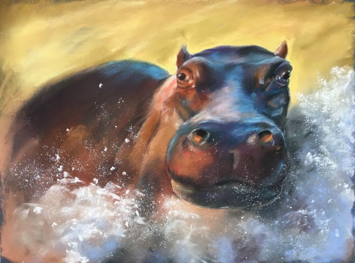 Dibujo titulada "Hippo bath - wildli…" por Ksenia Lutsenko, Obra de arte original, Pastel