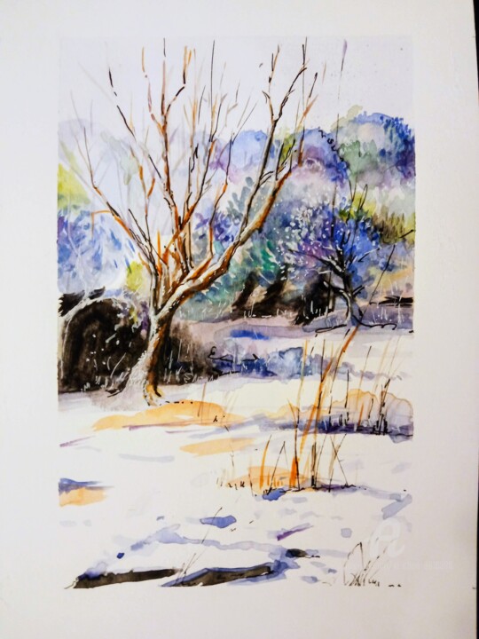 Dibujo titulada "Jardin sous la neige" por Xi Chen, Obra de arte original, Acuarela