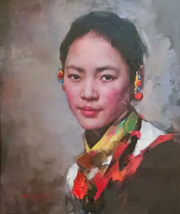 Pittura intitolato "藏族少女" da Xiao Chuan Zhang, Opera d'arte originale, Olio