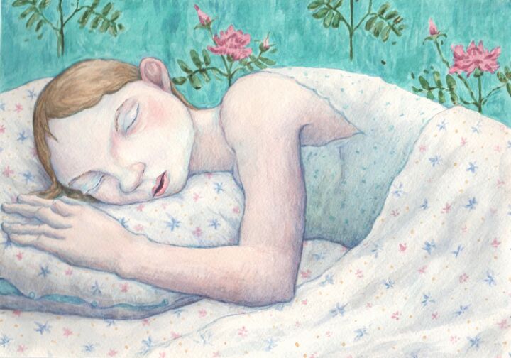 Schilderij getiteld "Sleeping girl" door Yuliya Kachan, Origineel Kunstwerk, Aquarel