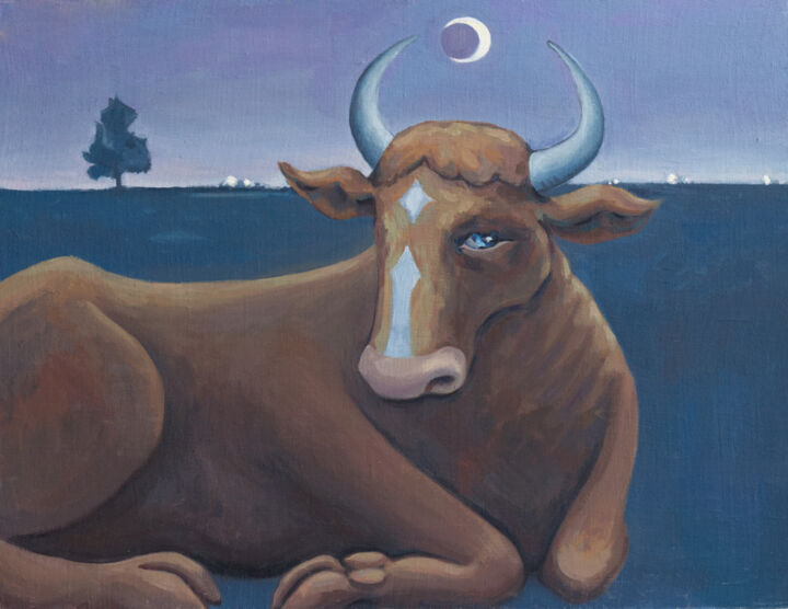 Painting titled "Moon cow" by Yuliya Kachan, Original Artwork, Oil Mounted on Other rigid panel