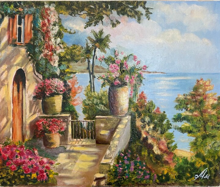 Painting titled "Веранда" by Marina Mchedlishvili, Original Artwork, Oil