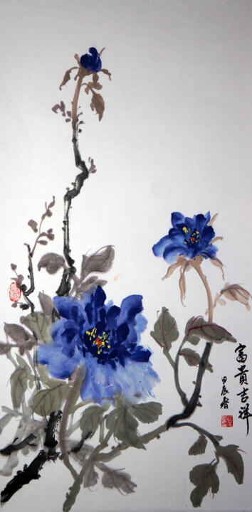 Pittura intitolato "富贵吉祥蓝牡丹五" da Yan Zi007, Opera d'arte originale, Inchiostro
