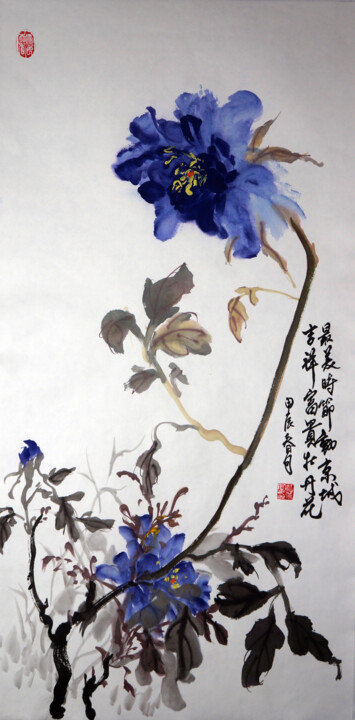 Pittura intitolato "蓝色牡丹八" da Yan Zi007, Opera d'arte originale, Inchiostro