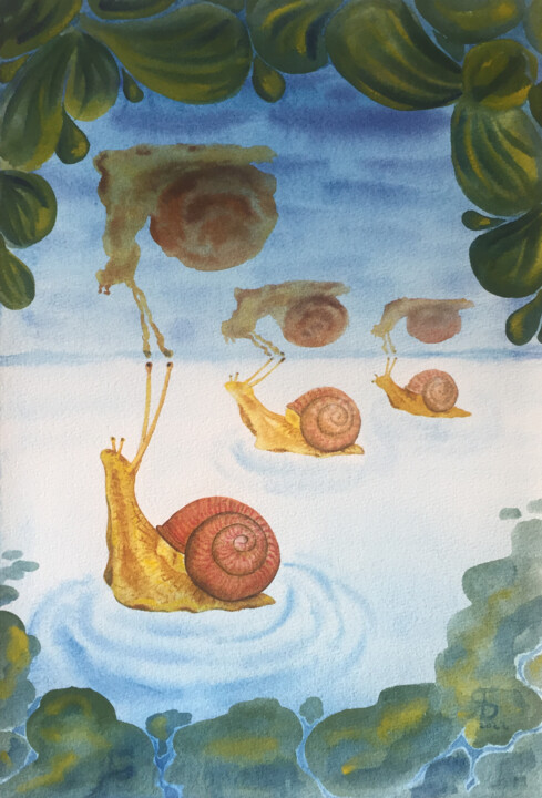 Картина под названием "Snails on the lake" - Yana Bila, Подлинное произведение искусства, Акварель