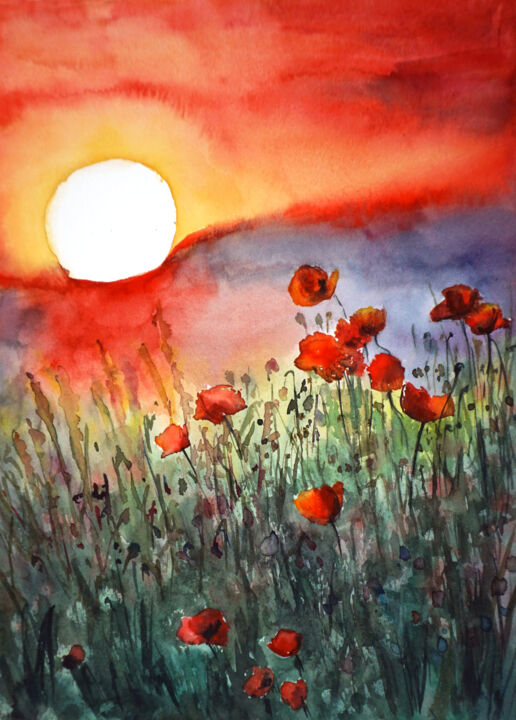Painting titled "Poppy Flowers Field…" by Yana Shvets, Original Artwork, Watercolor