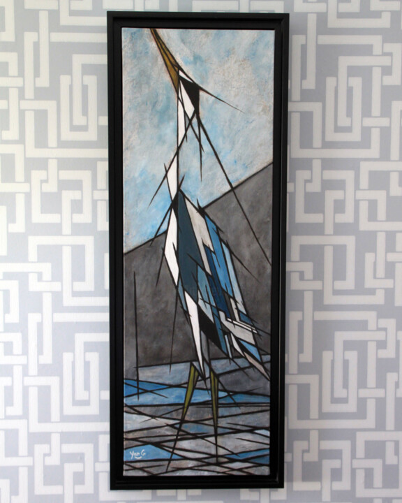 Painting titled "Héron" by Yannick G, Original Artwork, Acrylic Mounted on Wood Stretcher frame