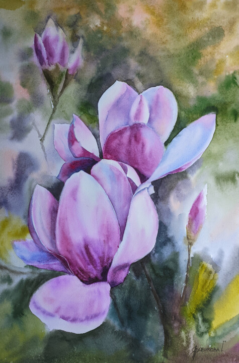 Peinture intitulée "Magnolia Sulange" par Galina Yarovikova, Œuvre d'art originale, Aquarelle