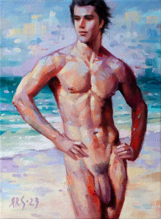 Painting titled "NAKED MAN BY THE SE…" by Yaroslav Sobol, Original Artwork, Oil Mounted on Wood Stretcher frame