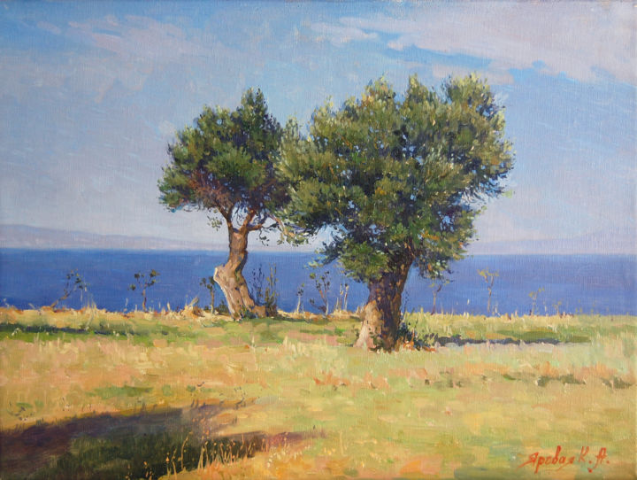 Painting titled "Olives near the sea" by Ksenia Yarovaya, Original Artwork, Oil