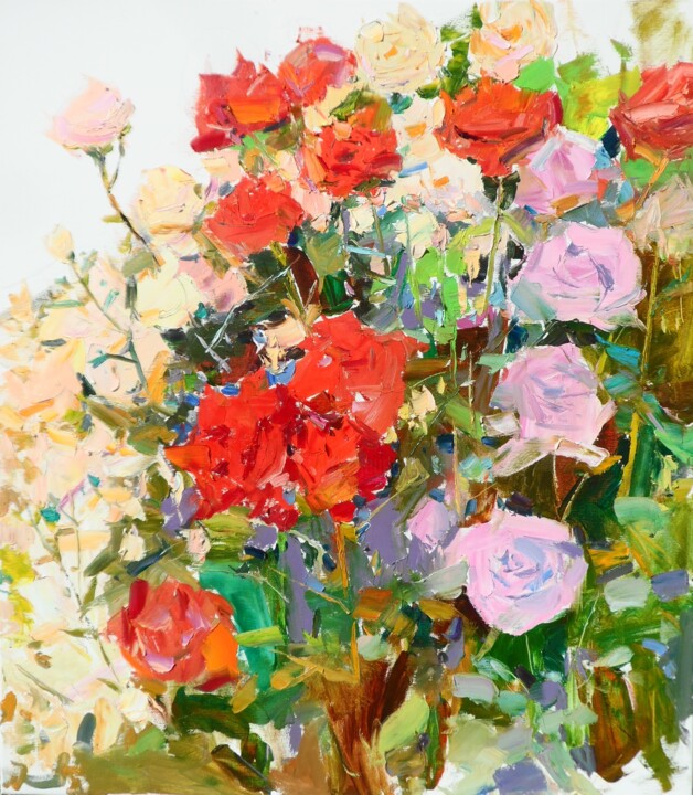 「" Roses in my garde…」というタイトルの絵画 Yehor Dulinによって, オリジナルのアートワーク, オイル ウッドストレッチャーフレームにマウント
