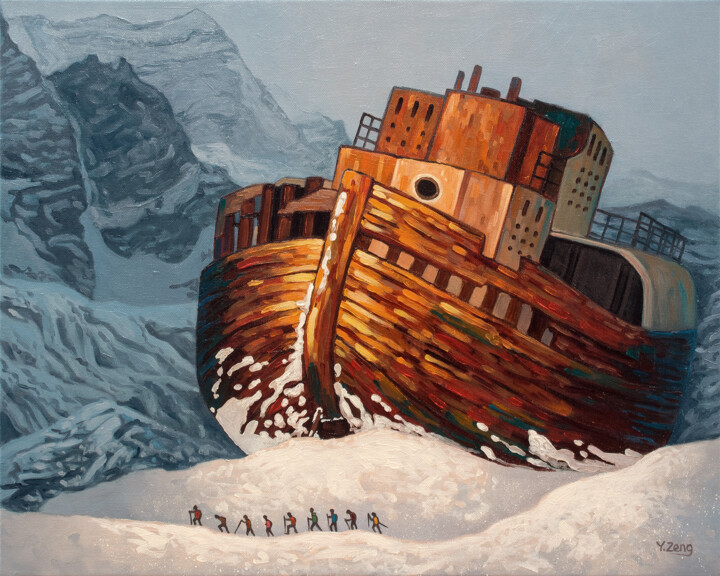 Ζωγραφική με τίτλο "Snow mountain shipw…" από Yue Zeng, Αυθεντικά έργα τέχνης, Λάδι