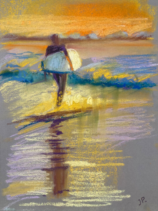 Drawing titled "Sunset for surfing.…" by Yulia Prykina, Original Artwork, Pastel