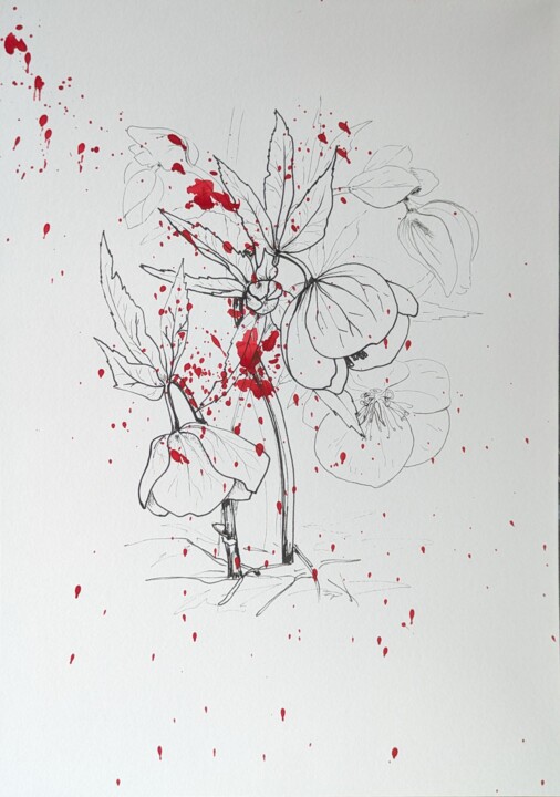 Painting titled "Blood dew 1" by Yulia Zhevnova, Original Artwork, Ballpoint pen