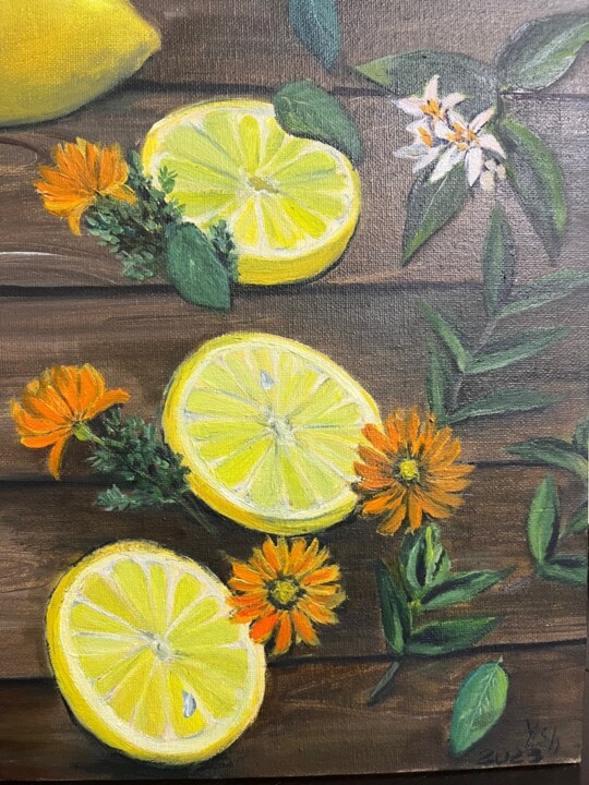Painting titled "Vanilla-mint lemons" by Yulia Sheverova, Original Artwork, Oil