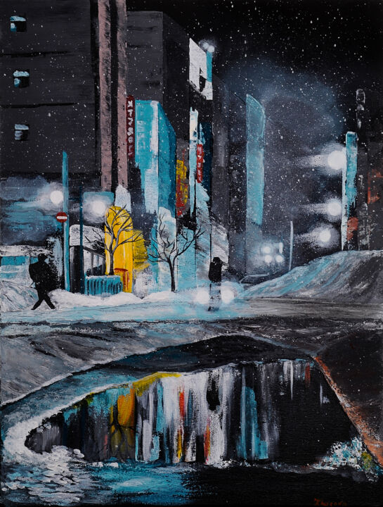 Картина под названием "Winter evening" - Yuliia Khazova, Подлинное произведение искусства, Акрил
