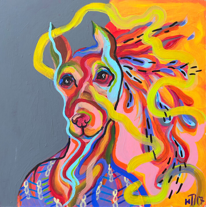 「A Pop Art Dog with…」というタイトルの絵画 Yuliya Pochynok (JJ Julia)によって, オリジナルのアートワーク, アクリル