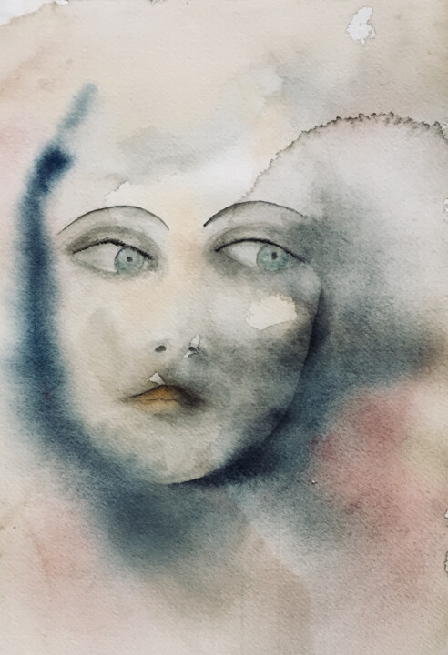 Painting titled "La donna della luna" by Yūrei, Original Artwork, Watercolor