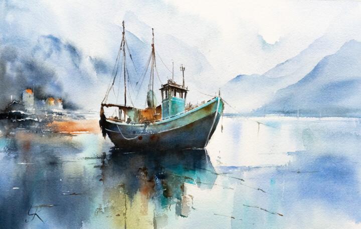 Painting titled ""Calm Waters and Co…" by Yuriy Kraft, Original Artwork, Watercolor