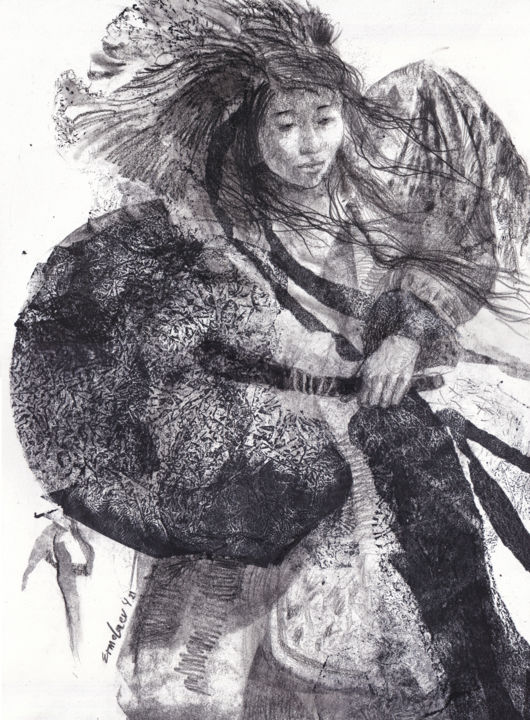 Drawing titled "Шаманка" by Yuri Ermolaev, Original Artwork, Monotype