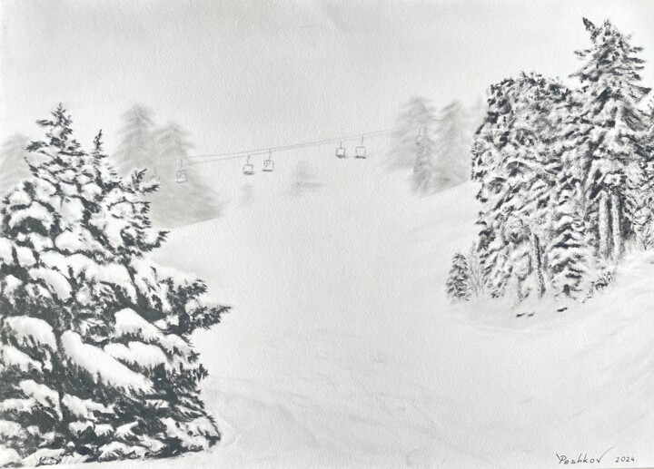 Painting titled "Snow in Troodos. Cy…" by Yury Peshkov, Original Artwork, Oil