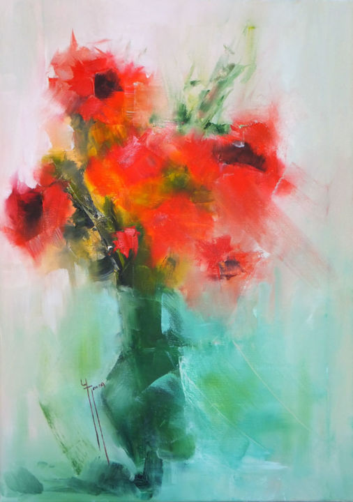 Painting titled "coquelicots passion" by Yveline Javer, Original Artwork, Oil