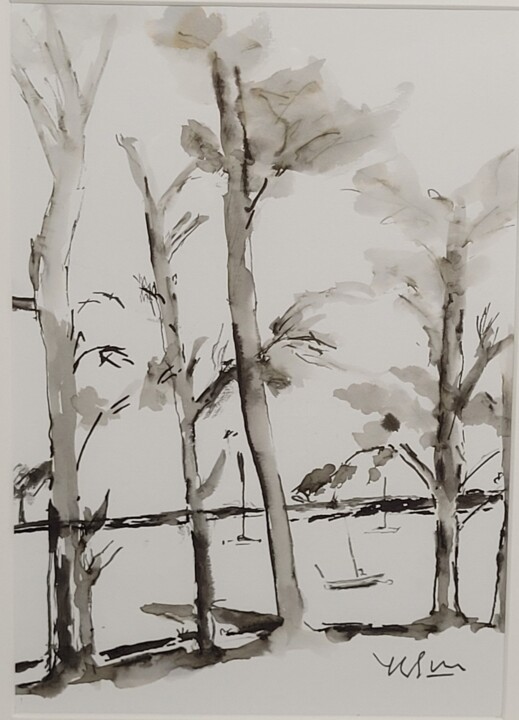 Painting titled "Arbres et mouillage…" by Yves Le Brun, Original Artwork, Ink