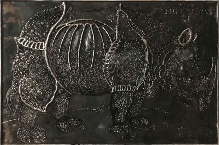 Sculpture titled "Rhinoceros" by Evgen Zaborovsky, Original Artwork, Metals