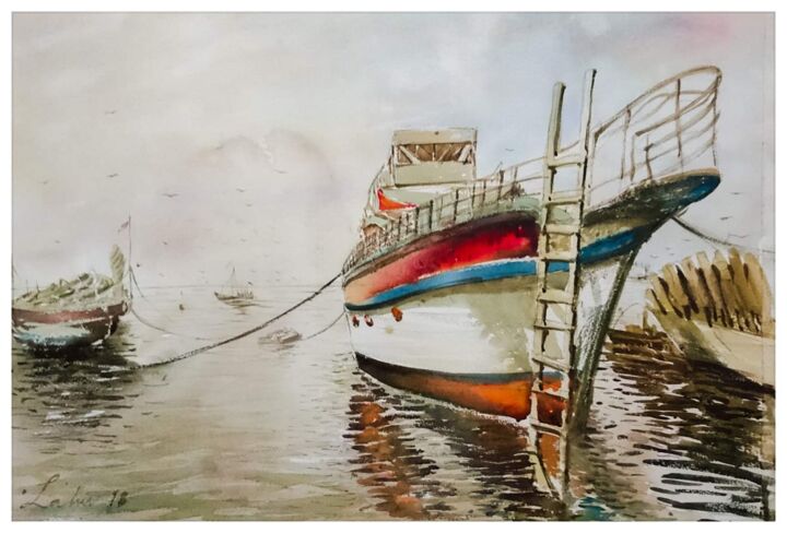绘画 标题为“The boat on the fis…” 由Zahir Husain, 原创艺术品, 水彩