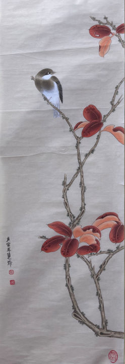 Pintura intitulada "Red Leaves" por Huizhen Zhang Zhang Hui Zhen, Obras de arte originais, Pigmentos