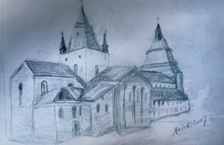 Drawing titled "Collégiale Saint Vi…" by Zoé Valy, Original Artwork, Pencil Mounted on Cardboard
