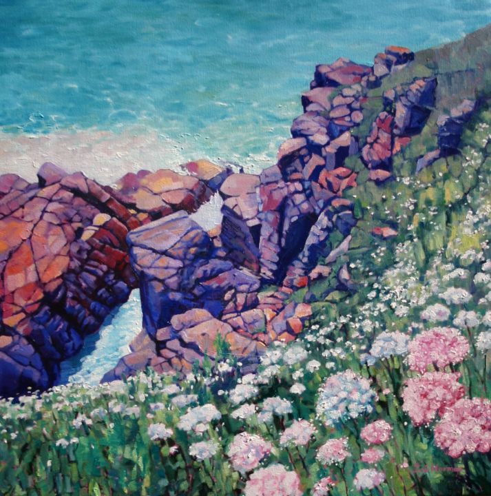 Painting titled "Cornish Cliffs" by Zoe Norman, Original Artwork, Oil Mounted on Wood Stretcher frame