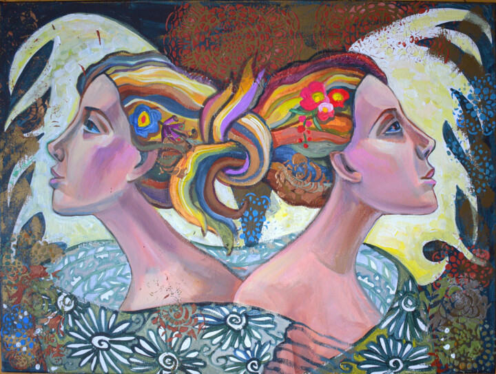 Картина под названием "Sisters" - Zora, Подлинное произведение искусства, Акрил Установлен на Деревянная рама для носилок