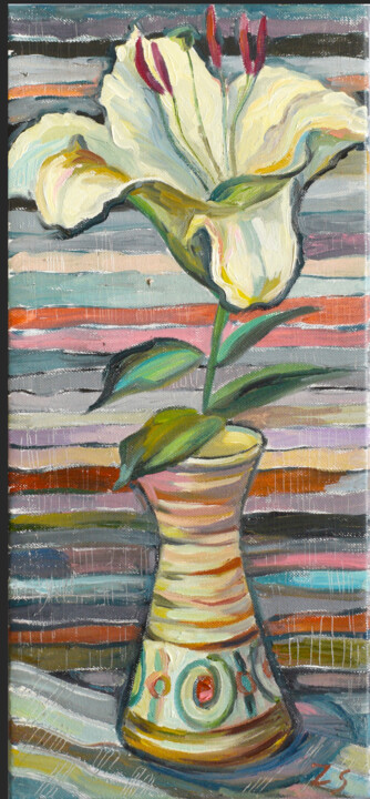 Painting titled "White lily" by Zora, Original Artwork, Oil Mounted on Wood Stretcher frame