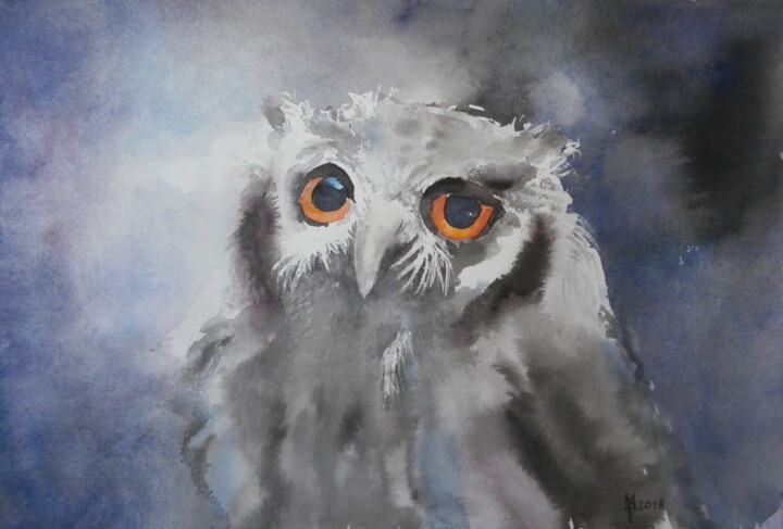 Peinture intitulée "owl-2-akvarel-27x38…" par Zoran Mihajlovic (Muza), Œuvre d'art originale, Aquarelle